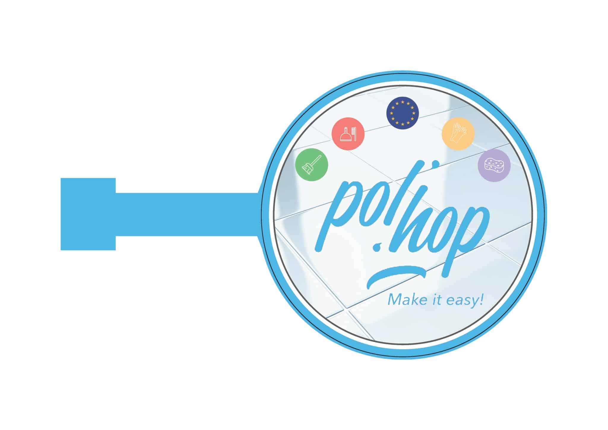 POS POL'HOP shelf wobbler with POL'HOP logo in the center, light blue outlines, household product pictograms on a clean tile background