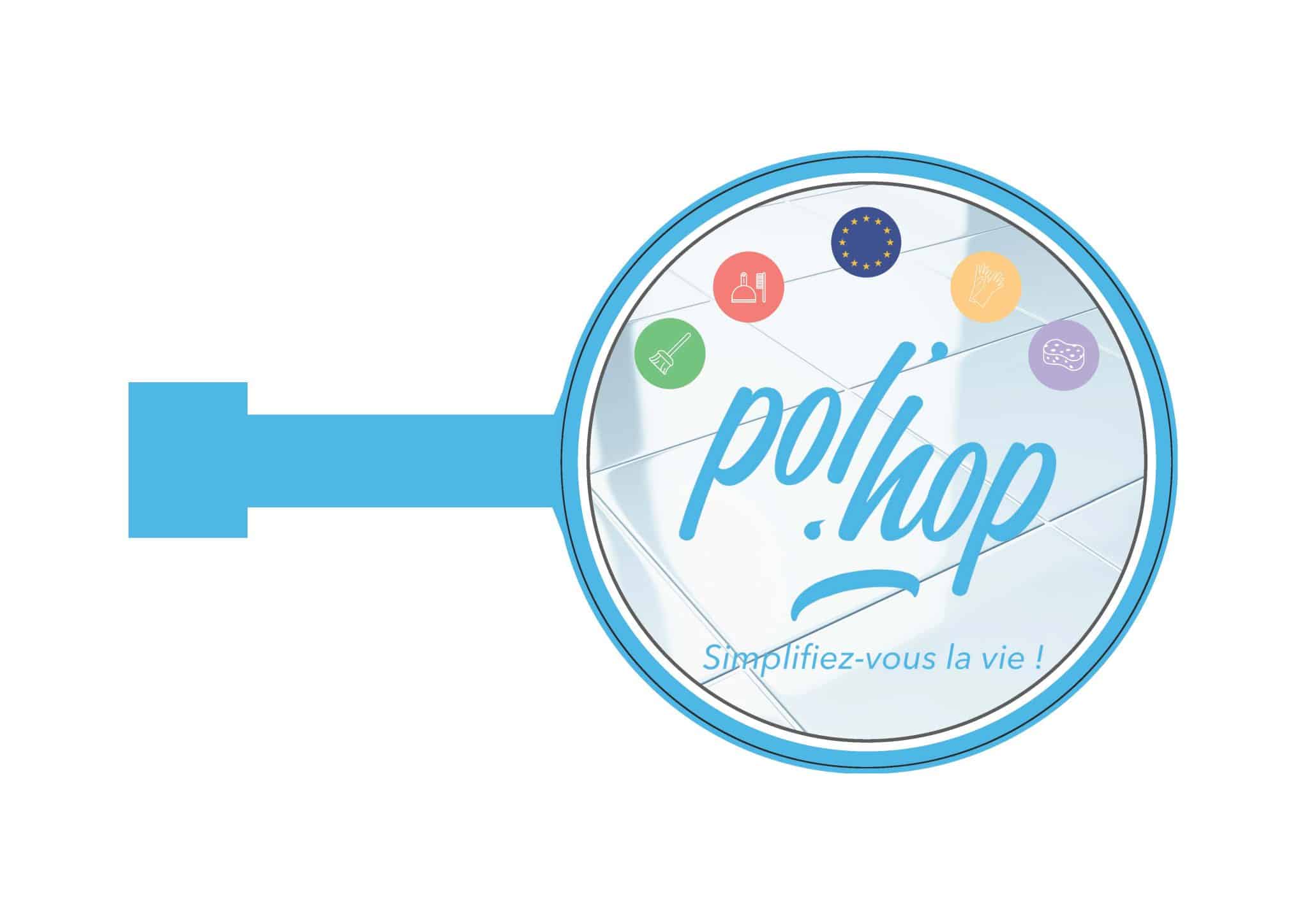 Stop rayon POL'HOP contour bleu clair avec une image de carrelage propre, des pictogrammes de produits de ménage et le logo POL'HOP au centre